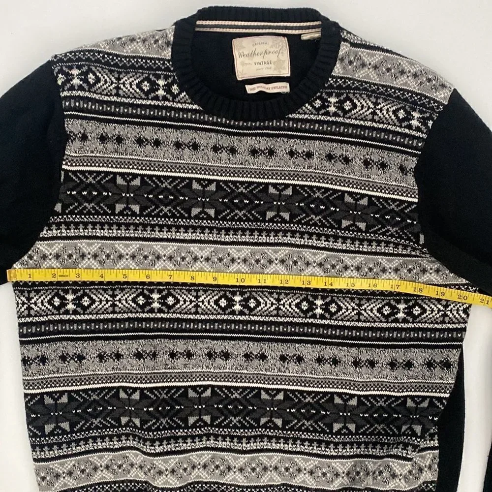 Weatherproof Vintage Men's Fair Isle Holiday Black Gray Cotton Sweater Large